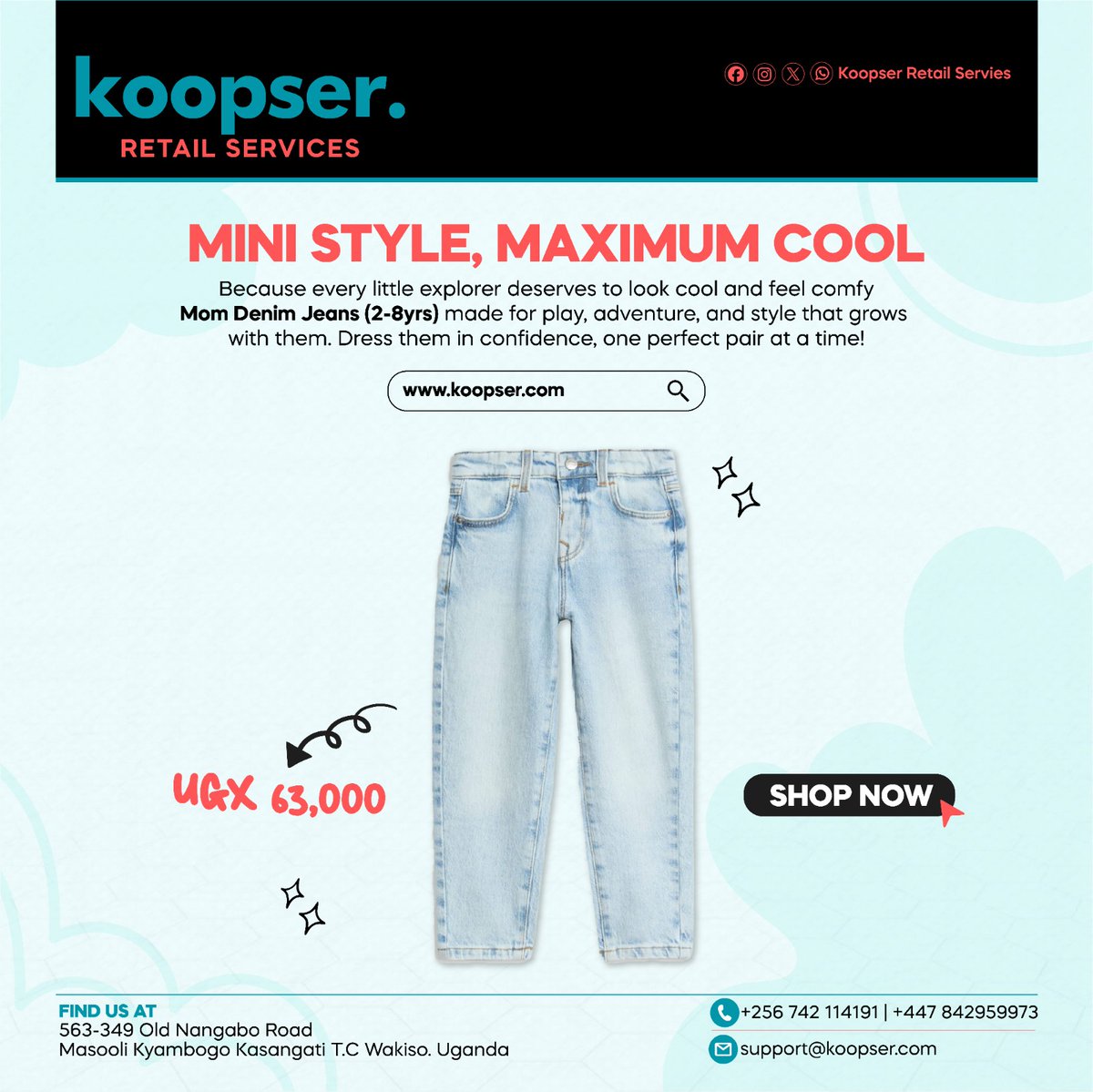 Koopser_RS's tweet photo. For the bold little dreamers aged 2–8 yrs.

These cotton-rich, vintage-vibe denim jeans are made to move, explore, and express.

Mom-fit cut. Faded cool. Zero fuss.
Because childhood should be worn well. 💫

#KoopserRetail #KoopserEssentials 
#KidStyle #DenimDays #MadeToPlay https://t.co/tEI752yemt