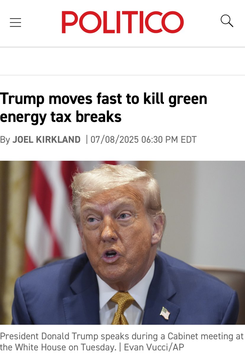 4AmericanEnergy's tweet image. Promises made, promises kept.

As part of the deal to pass the ‘One Big Beautiful Bill,’ President Trump is using his executive power to call on his Treasury and Interior Departments to hasten the end of tax credits for so-called “clean” energy projects.

politico.com/newsletters/po…