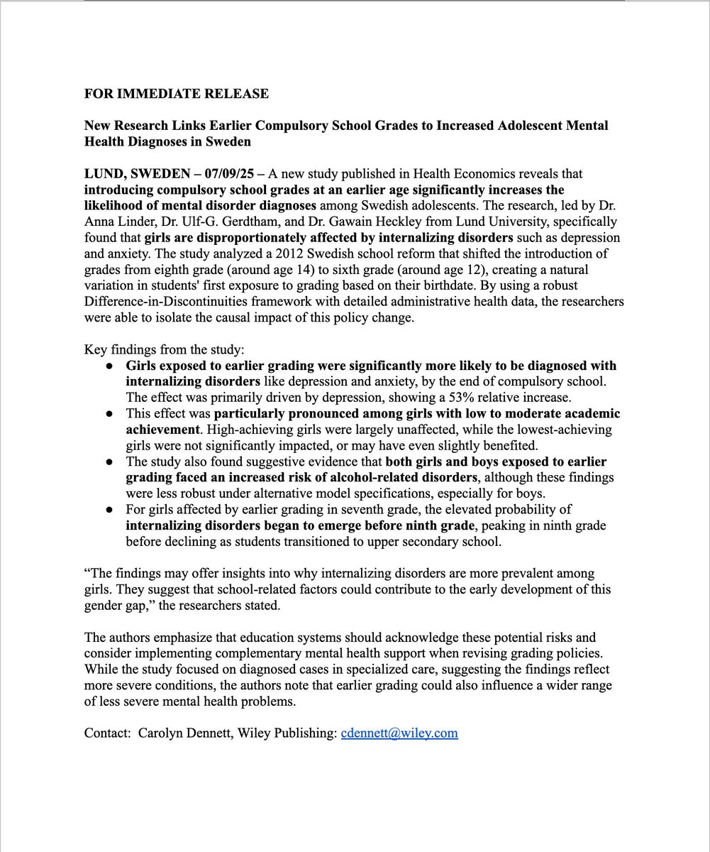 A new paper from several professors at Lund University highlights the impact that compulsory grading policies have on adolescent mental health- and the heightened impact it has on girls. Read more in Health Economics.  onlinelibrary.wiley.com/doi/10.1002/he…