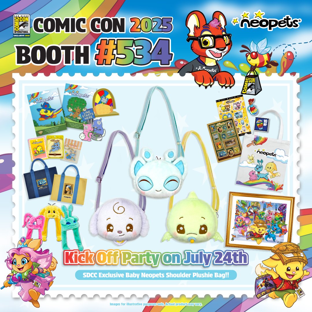 Neopets's tweet image. Neopets is heading to San Diego Comic-Con 2025!
📅 Join us July 24–27 at Booth #534 for exclusive merch drops (yes, NEW stuff 👀), photo ops, activities, and your fave (Beeg) Aisha in all their glory!
🌈 This years selection includes a brand new set from What's Your Passion…