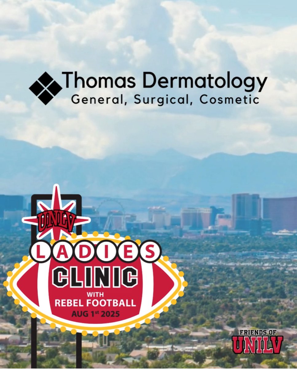 FriendsOfUNILV's tweet image. We’re proud to partner with Thomas Dermatology – the official title sponsor of this year’s Ladies Clinic with Rebel Football! ✨
Skincare meets sports 🧼🏈 See you there on August 1st!
Learn more about Thomas Dermatology & schedule your first appt: thomasderm.com