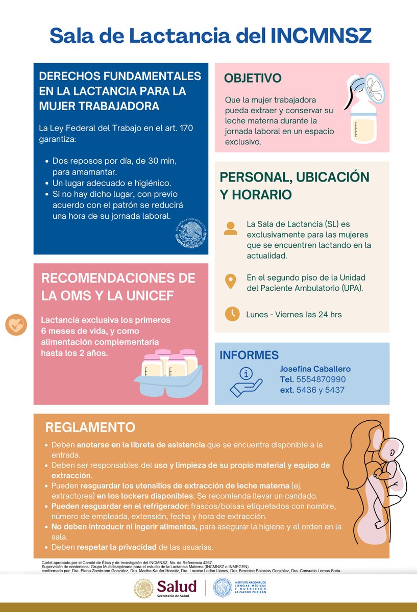 * * * Sala de lactancia del INCMNSZ * * *
Si eres de la Comunidad Institucional y te encuentras en periodo de lactancia no dudes en usarla.
Informes: Josefina Caballero 5554870900 ext. 5436 y 5437