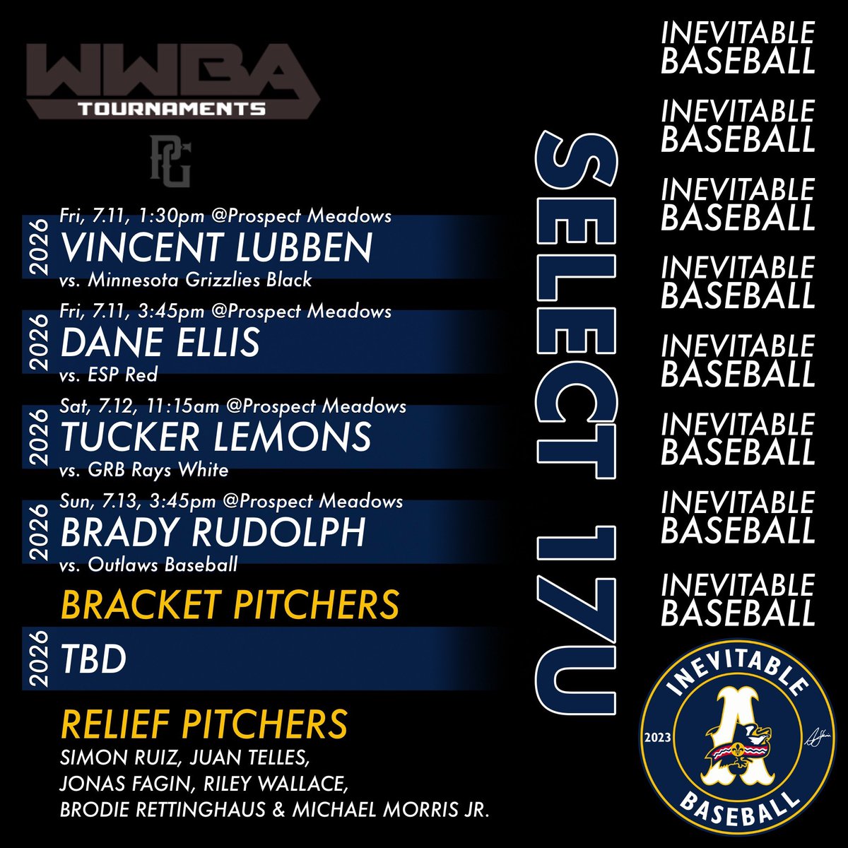 Pitching rotation for the <a href="/PGMidwestBB/">Perfect Game Midwest Baseball</a> WWBA North event in Iowa. <a href="/NickHerrinsAs/">Inevitable A’s</a> 17u Select coming off another 4 win weekend &amp; excited to compete in a top tier event! 16 #uncommitted 2026’s still needing collegiate homes <a href="/PG_Scouting/">Perfect Game Scout</a>
