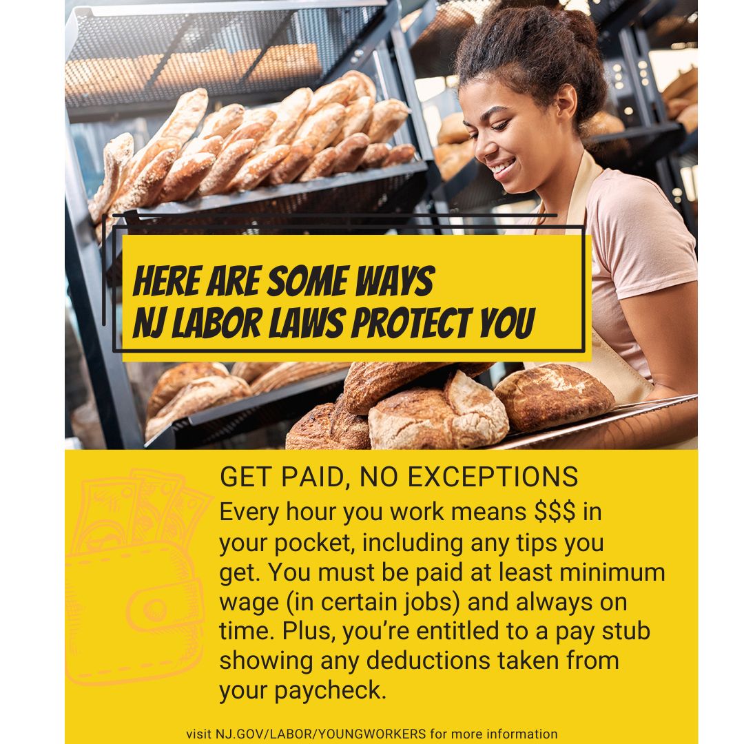 No matter your job, NJ labor laws ensure you get paid! Every hour counts, every tip matters, and you're entitled to a clear pay stub.

Visit NJ.gov/labor/youngwor… to learn how the law protects YOU. 

#KnowYourRights #FairPay #NJLaborLaws