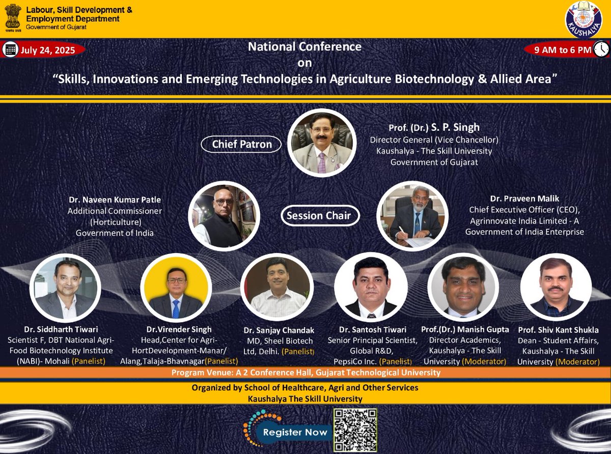shiv_biotech's tweet photo. One Conference - Multiple Features  
National Conference on "Skills, Innovations, and Emerging Technologies in Agriculture Biotechnology &amp; Allied Area" on July 24, 2025 organized by Kaushalya The Skill University  
Registration Link:
https://t.co/W7Y12G65S6 https://t.co/yM7neeKqPu