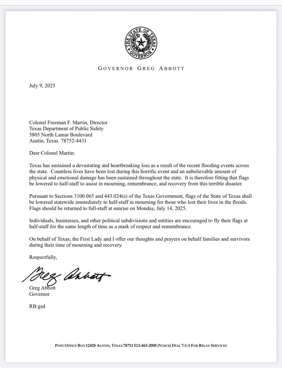 cbs11jack's tweet image. NEW: Governor Abbott orders all flags of the state of Texas to be lowered to half-staff immediately until sunrise on July 14 in mourning for all those who lost their lives in the devastating floods in Central Texas. @CBSNewsTexas