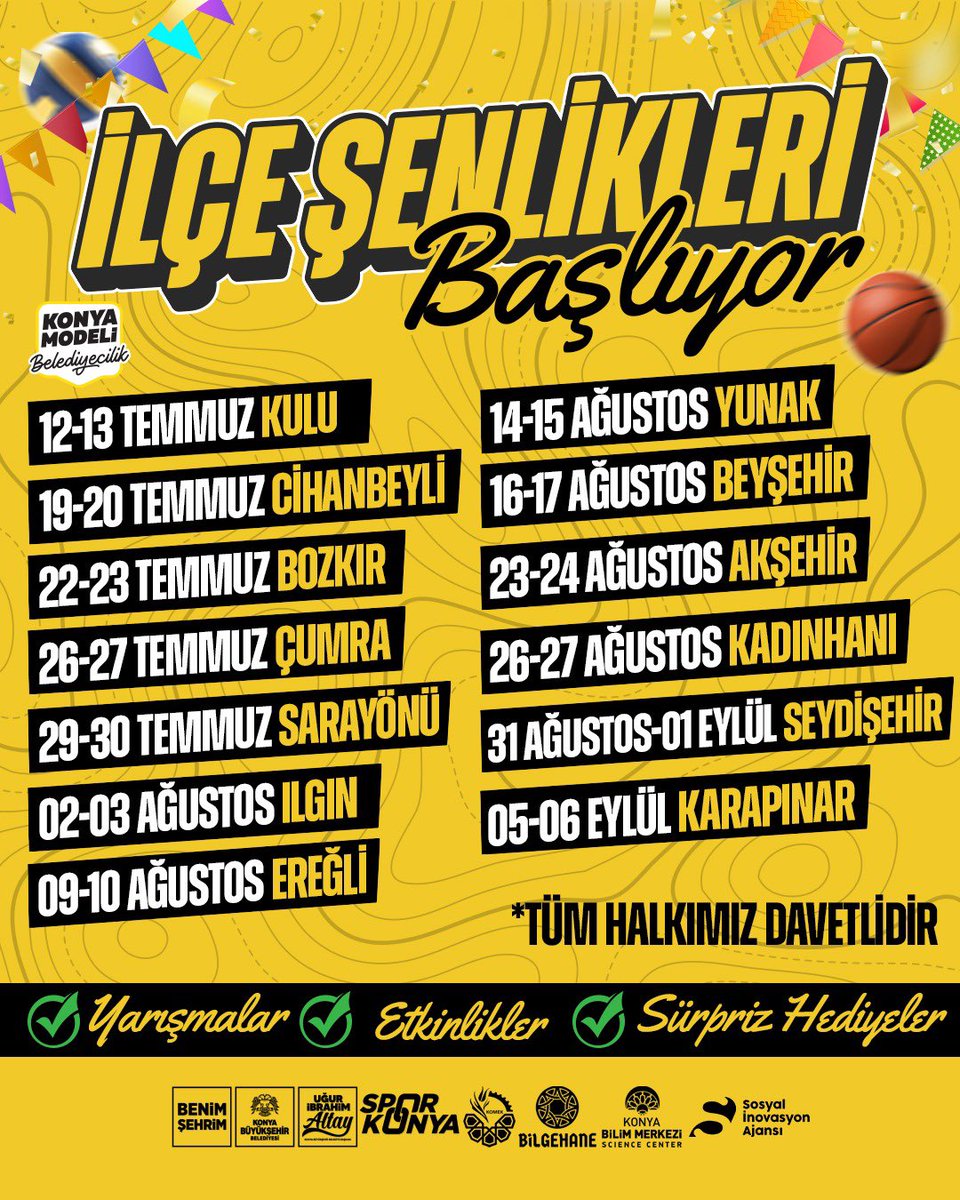 İlçelerimizde yaz coşkusunu hep birlikte yaşayacağımız "İlçe Şenliklerimiz" başlıyor.

14 ilçemizde; sporla, oyunla, yarışmalarla ve sürpriz hediyelerle dolu bir şenlik programı hazırladık.

12 Temmuz-6 Eylül arasındaki etkinliklerimize tüm hemşehrilerimi davet ediyorum.