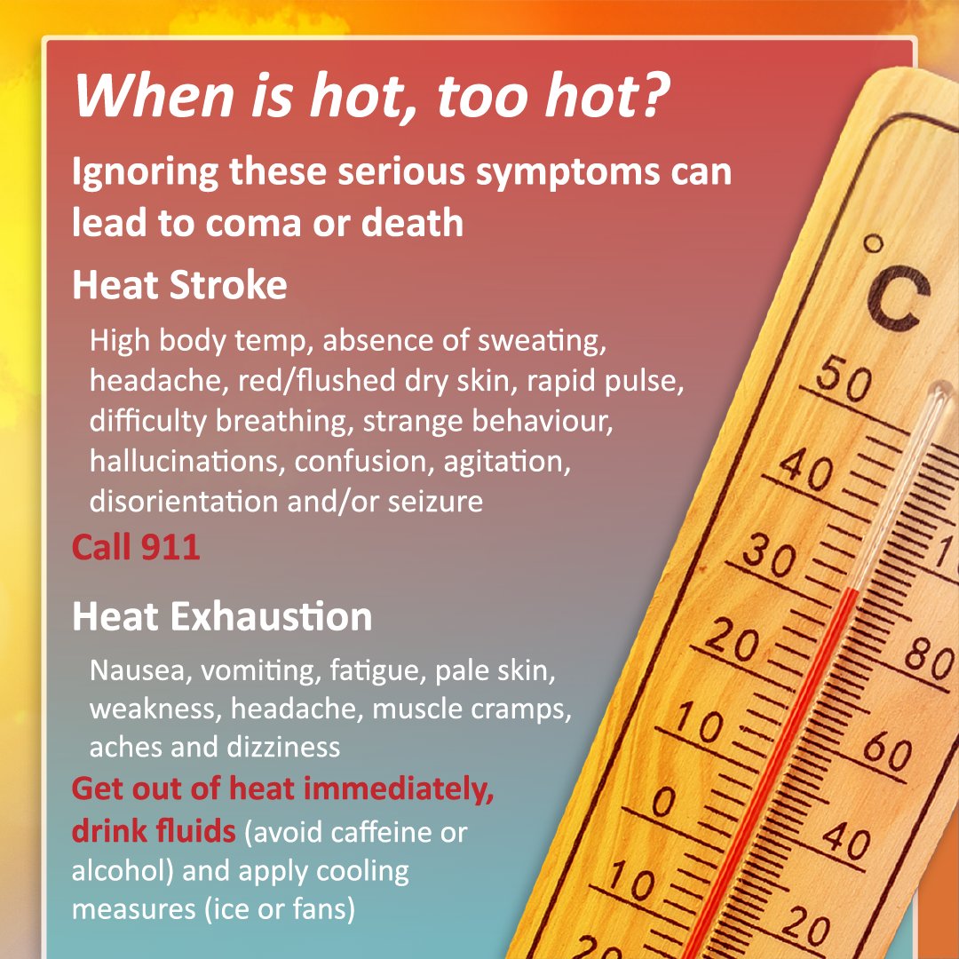 SaskHealth's tweet image. Pay attention to your body in the heat. Don't ignore symptoms of heat illnesses.
Suspected heat exhaustion...get out of heat immediately and drink cool fluids.
Suspected heat stroke...call 911.