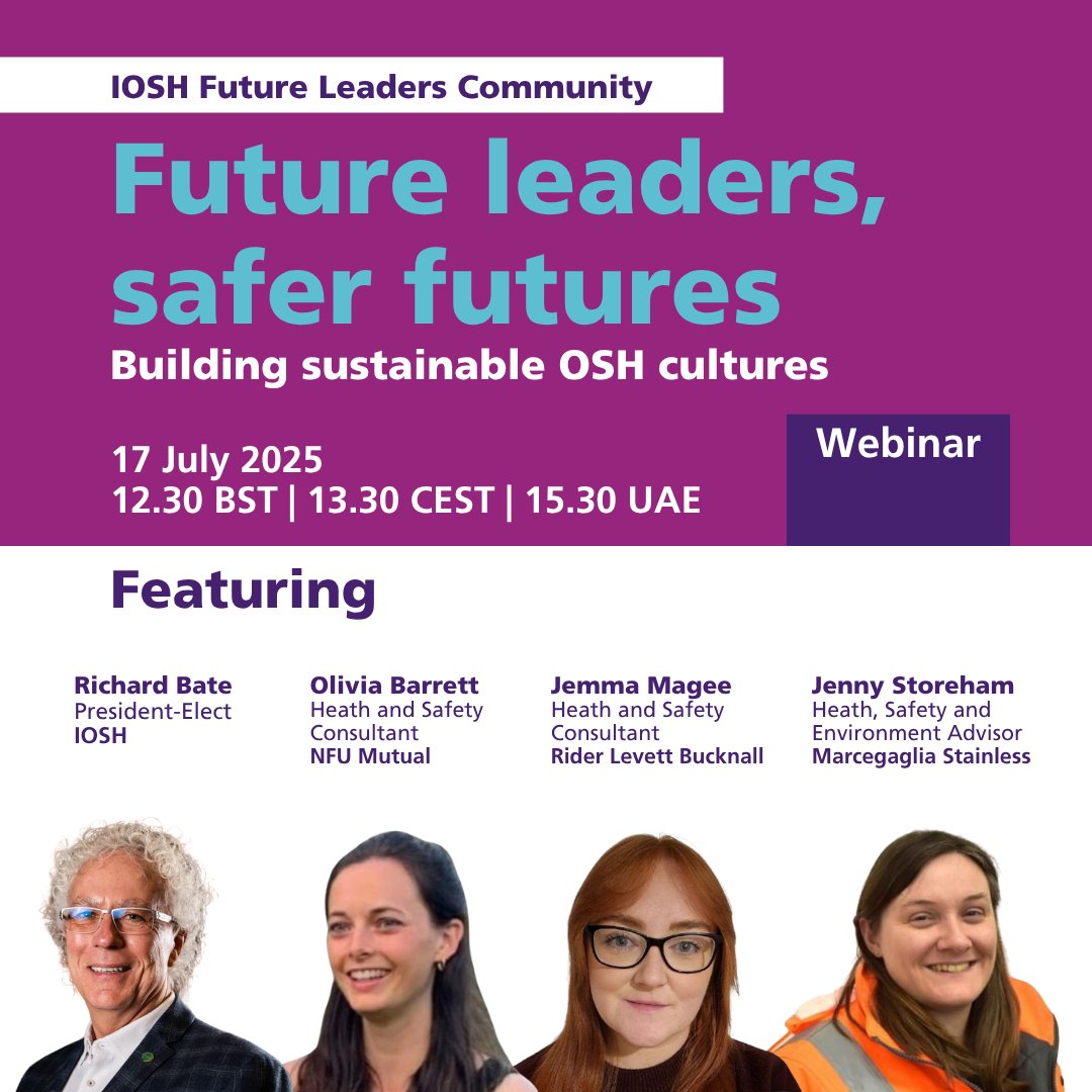 IOSH_tweets's tweet image. Should sustainability be a core skill in OSH?
Join the IOSH Future Leaders webinar on 17 July to explore this further
Hosted by Richard Bate, IOSH President-Elect with IOSH Future leaders steering group members Jemma Magee, Olivia Barrett & Jenny Storeham
bit.ly/4kvpfGL