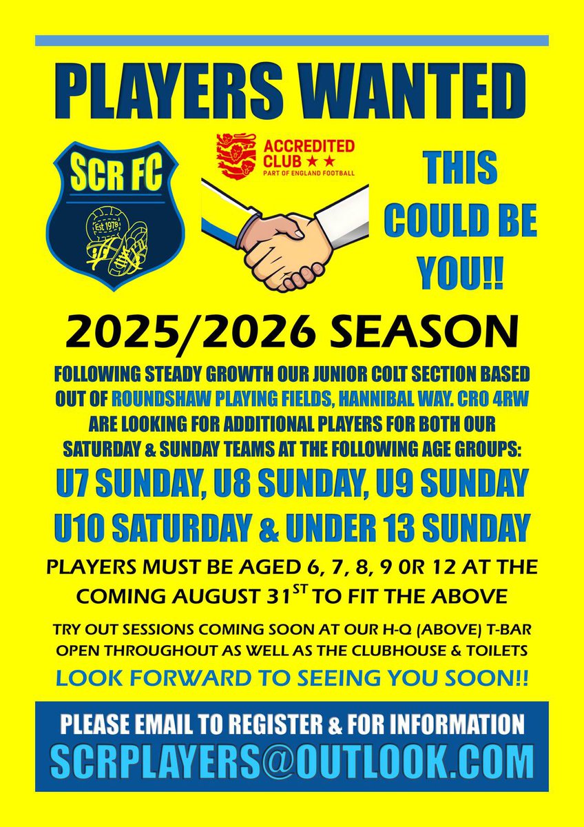 Our youth section are looking to add a few players -

Get in touch asap if you or a friend are looking for a safe fun family club for your child to develop personally and in football experience 💛💙

<a href="/surreyfa/">Surrey FA</a> <a href="/SurreyFootball/">Surrey Youth League</a>
