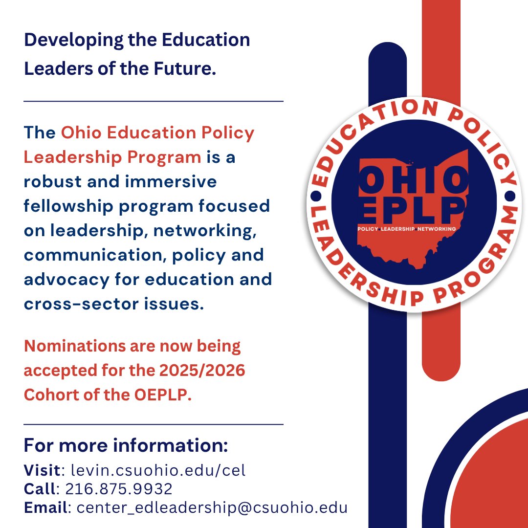 To learn more about OEPLP, please go to levin.csuohio.edu/cel and click on the Ohio Education Policy Leadership Program link.

We look forward to hearing from you!

#clevelandstate #educationalleadership