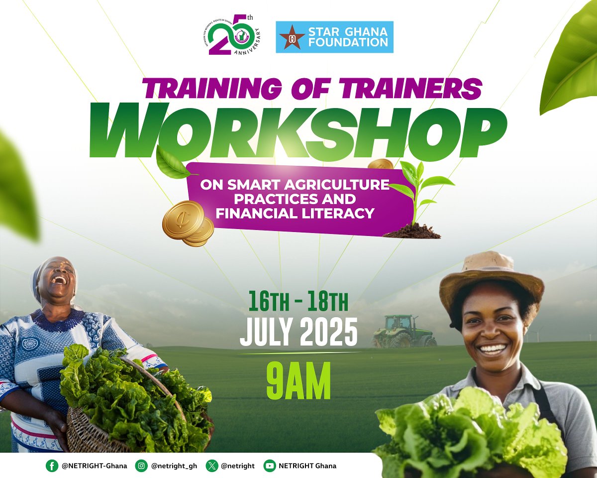 Network for Women's Rights in Ghana (NETRIGHT) (@netright) on Twitter photo 🌾From 16–18 July 2025, #NETRIGHT, with support from <a href="/STARGhana/">STAR-Ghana Foundation</a> under the AVID 2 Project, will host a Training of Trainers Workshop on SMART Agriculture Practices and Financial Literacy. Empowering rural women farmers is key to building inclusive, sustainable development. 🌾From 16–18 July 2025, #NETRIGHT, with support from <a href="/STARGhana/">STAR-Ghana Foundation</a> under the AVID 2 Project, will host a Training of Trainers Workshop on SMART Agriculture Practices and Financial Literacy. Empowering rural women farmers is key to building inclusive, sustainable development.