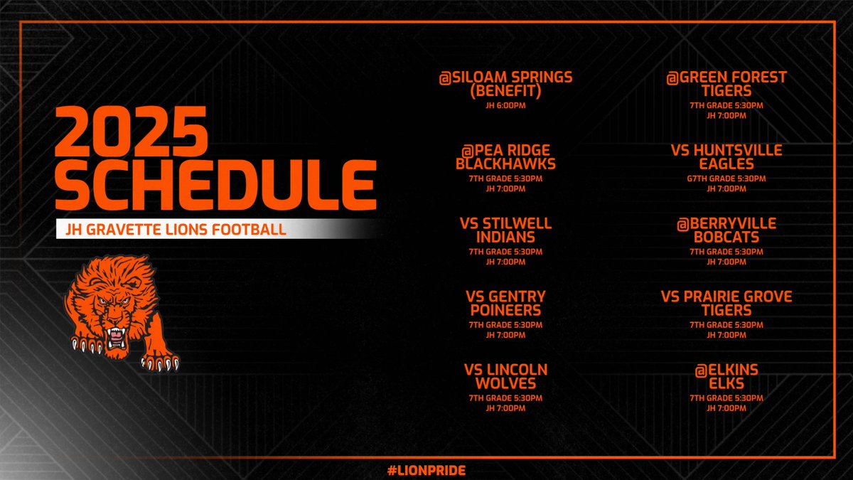 GHS_Athletic's tweet photo. 📣 Season Schedule Drop!
Get ready for a big season, Lions fans!
📆 Here’s the Football schedule for 2025.
🦁 Let’s pack the stands and show our pride!
📲 https://t.co/zGNsfwm7oe
#LionPride🦁🟠⚫🏈 https://t.co/Nf5Ao0Ruji