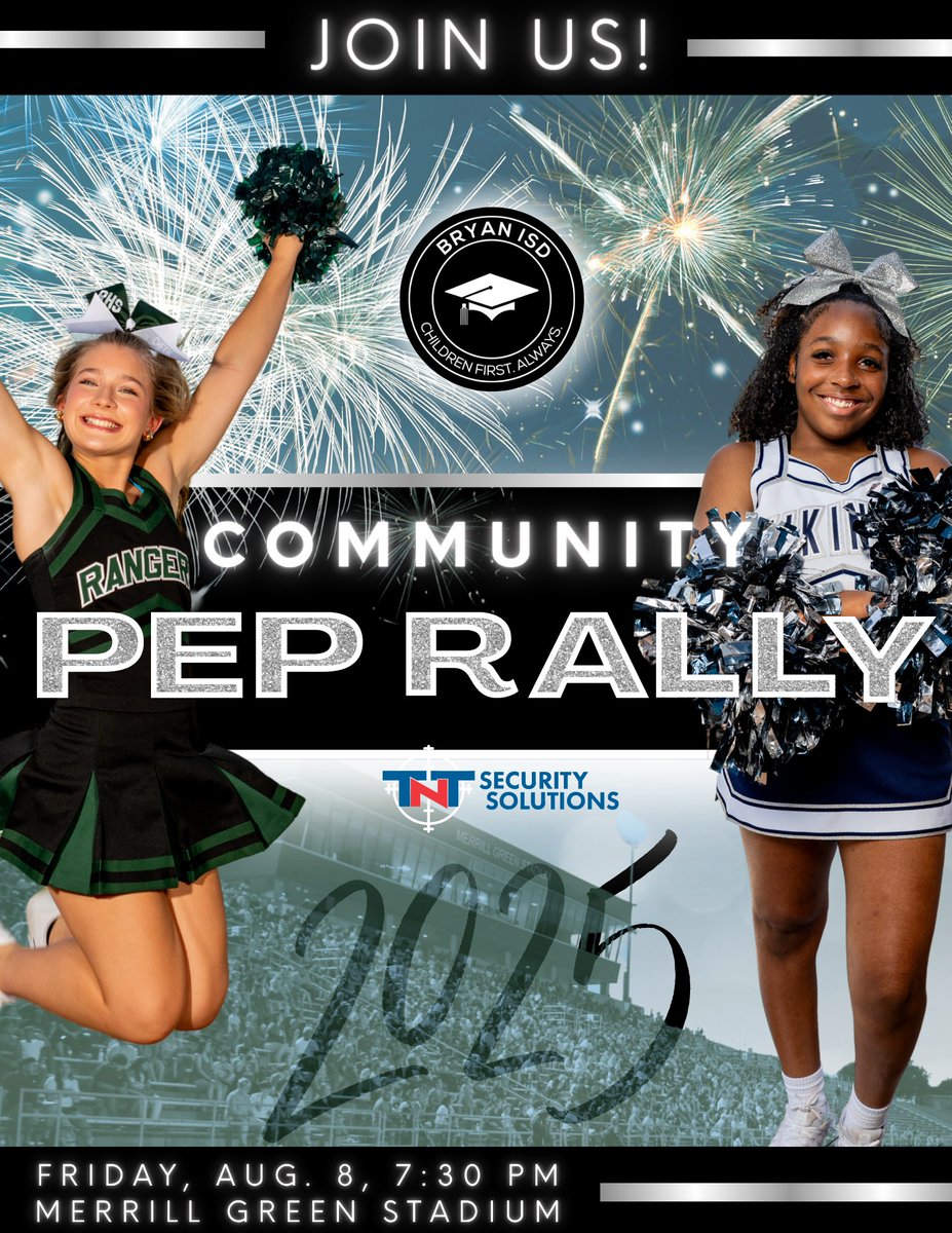 We are a MONTH AWAY from the annual Bryan ISD Community Pep Rally! We can't wait to kick off the new school year with YOU. Mark your calendars for Friday, August 8th. Gates will open at Merrill Green Stadium at 7:30 PM and the night will conclude with a FIREWORKS show!