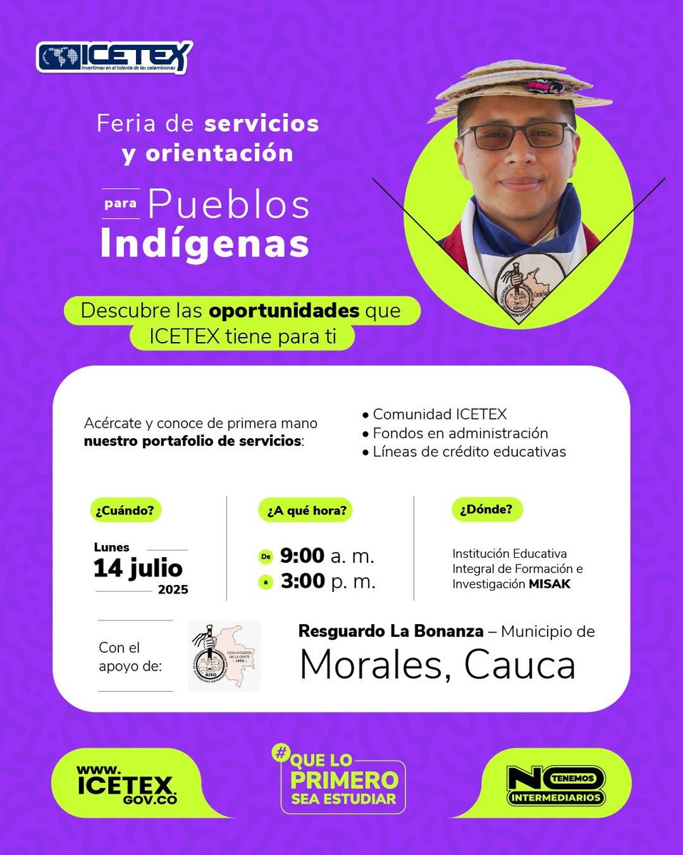 ICETEX (@icetex) on Twitter photo ¡Seguimos #ImpulsandoOportunidades para los Pueblos Indígenas! Si vives en #Morales, #Cauca, o estás cerca, te esperamos el lunes 14 de julio en la Feria de Servicios y Orientación para que descubras las oportunidades que tenemos para ti. ¡No te la pierdas! <a href="/AisoMovimiento/">Cuenta Oficial Movimiento AISO</a> ¡Seguimos #ImpulsandoOportunidades para los Pueblos Indígenas! Si vives en #Morales, #Cauca, o estás cerca, te esperamos el lunes 14 de julio en la Feria de Servicios y Orientación para que descubras las oportunidades que tenemos para ti. ¡No te la pierdas! <a href="/AisoMovimiento/">Cuenta Oficial Movimiento AISO</a>