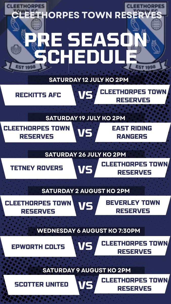 CleeTownResrvs's tweet photo. Our pre season schedule for the upcoming @lincsleague season! We start our schedule on Saturday away to @reckittsafc! 
#UTO https://t.co/HeAxOMdUZa