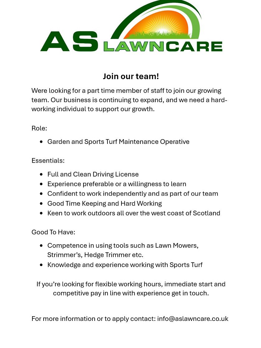 We're looking for a part-time member of staff to join our growing team. 

📍 Based in Largs with clients across the West of Scotland 
⏰ 2 to 3 days a week - varying days based on demand
💷 Dependent on experience
🏃‍♂️ Ready to apply? Contact aslawncare.co.uk