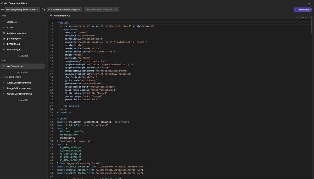 Just forked the Datagrid component in <a href="/weweb_io/">weweb.io</a> to tackle adding a "New Record" feature. With me luck! 😅