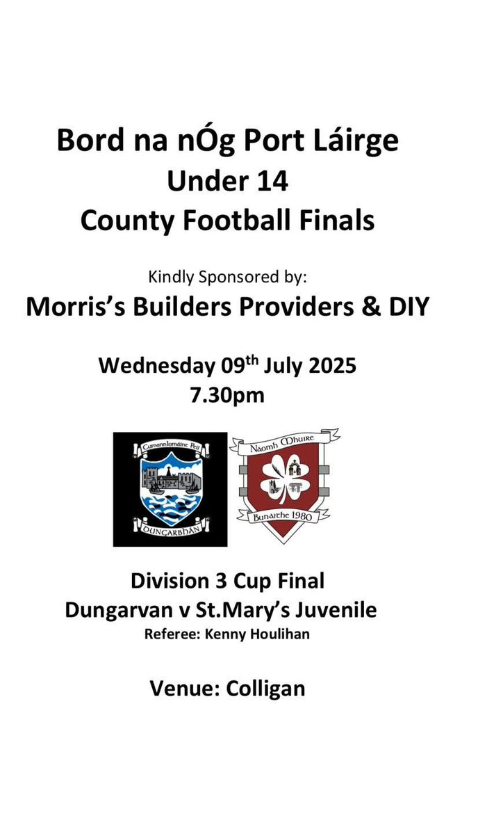 Colligan GAA (@colligangaa) on Twitter photo We're looking forward to welcoming both <a href="/clgdungarvan/">Dungarvan G.A.A</a> and St. Mary's Juvenile to Pàirc An Coilligeàin this evening for the <a href="/DeiseUnderage/">Bord na nÓg Port Lairge</a> U-14F Div. 3 Co. C'ship Final, smashing evening for a game, and the best of luck to both clubs! ✅👌🏆🏐 <a href="/MorrisDIY/">Morris's Waterford</a> <a href="/WhelanGavin/">Gavin Whelan</a> <a href="/maurice_dee/">Maurice Dee</a> We're looking forward to welcoming both <a href="/clgdungarvan/">Dungarvan G.A.A</a> and St. Mary's Juvenile to Pàirc An Coilligeàin this evening for the <a href="/DeiseUnderage/">Bord na nÓg Port Lairge</a> U-14F Div. 3 Co. C'ship Final, smashing evening for a game, and the best of luck to both clubs! ✅👌🏆🏐 <a href="/MorrisDIY/">Morris's Waterford</a> <a href="/WhelanGavin/">Gavin Whelan</a> <a href="/maurice_dee/">Maurice Dee</a>
