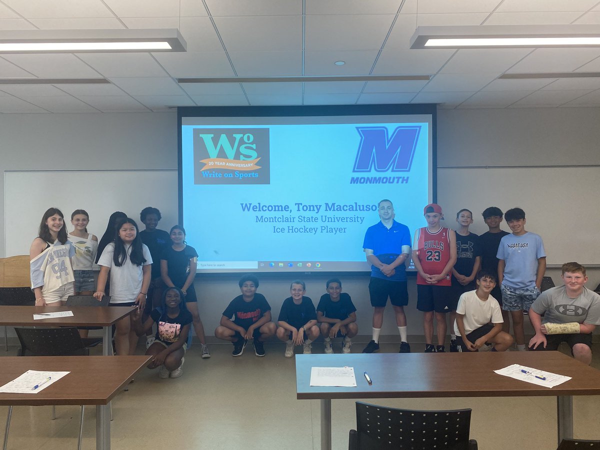Danielle M. Frith, Ph.D. (@frithdanielle) on Twitter photo Our <a href="/WriteonSports/">Write on Sports, Inc.</a> camp is off to a great start! Today, students interviewed our special guest, Tony Macaluso, who plays ice hockey at Montclair State University. <a href="/MrsVac_MB/">Meghan Vaccarelli</a> <a href="/RUfan52/">Scott Zimms</a> <a href="/MUschoolofEduca/">MU School of Ed</a> Our <a href="/WriteonSports/">Write on Sports, Inc.</a> camp is off to a great start! Today, students interviewed our special guest, Tony Macaluso, who plays ice hockey at Montclair State University. <a href="/MrsVac_MB/">Meghan Vaccarelli</a> <a href="/RUfan52/">Scott Zimms</a> <a href="/MUschoolofEduca/">MU School of Ed</a>