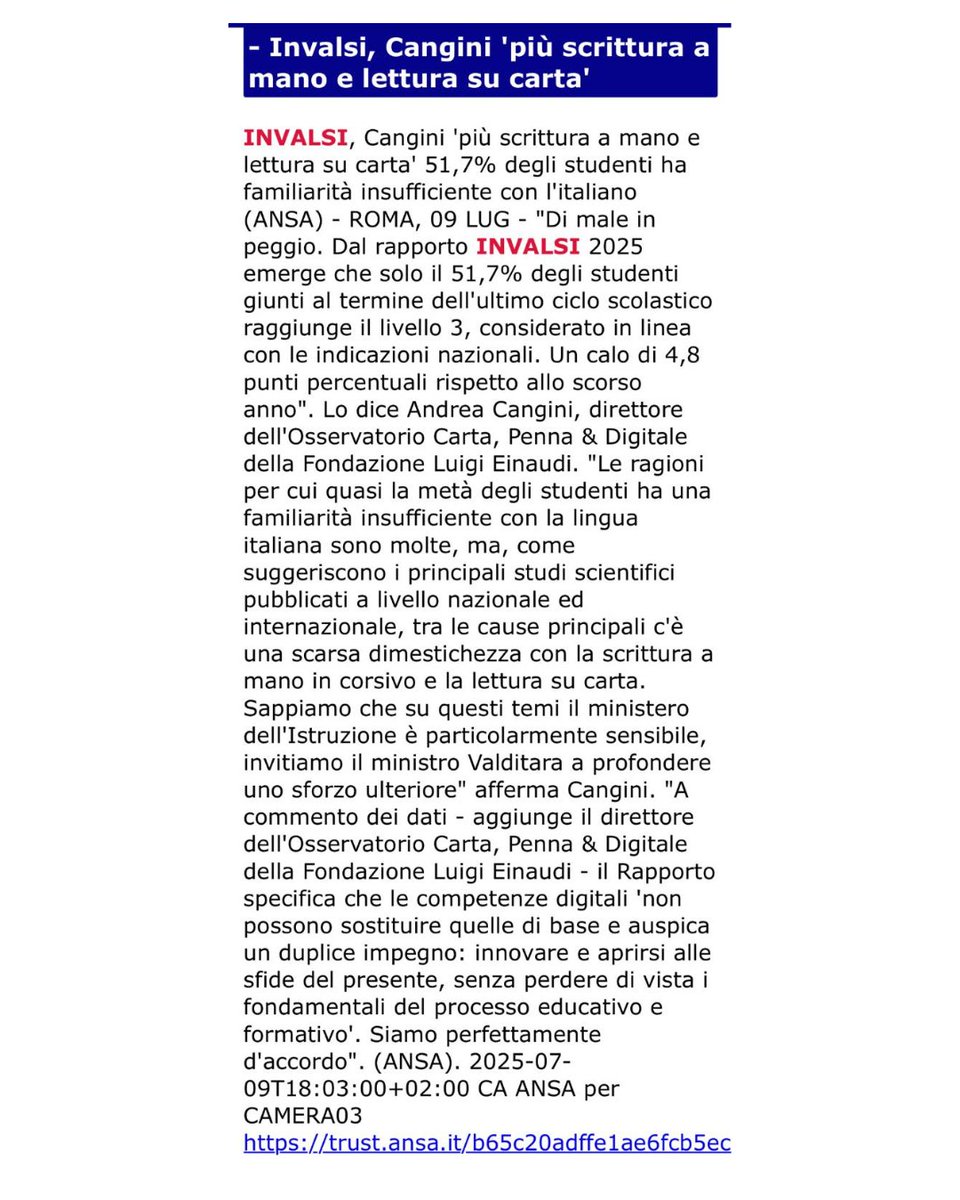 Il 49,3% degli studenti esce dalla scuola con una padronanza insufficiente della lingua italiana. Questo è quanto emerge dal Rapporto #Invalsi 2025.
Ora più che mai è importante sostenere la battaglia dell'#OsservatorioCartaPennaeDigitale: sensibilizzare le istituzioni per