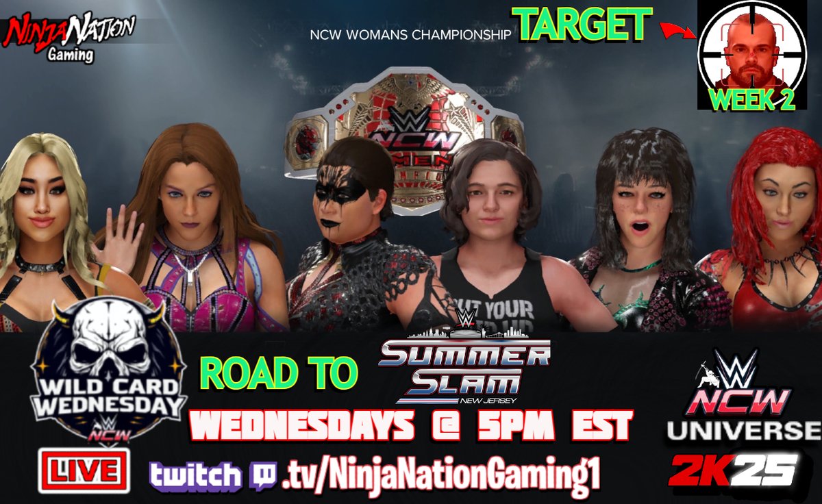 Tonight things get WILD !!!
Another Episode of "WILD CARD WEDNESDAY" IS LIVE!!!
NEW mixed gender tag titles up for grabs !!! 
Woman's ELIMINATION CHAMBER Championship match! + so much more !
JOIN US RIGHT NOW LIVE ON #WWE2K25 ! 
🔴👉 twitch.tv/ninjanationgam…
#wrestling #wwe #NCW