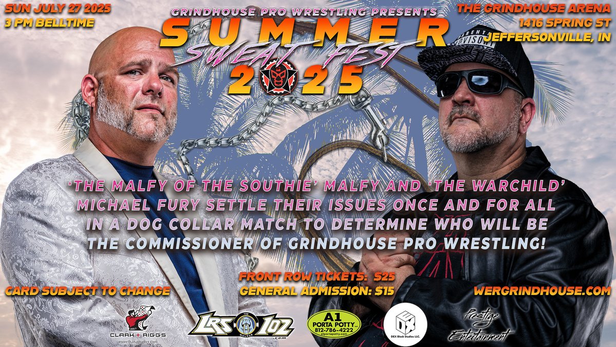 At Summer Sweat Fest, the future of Grindhouse Pro Wrestling is on the line in a Dog Collar Match!

Sun July 27, 3 PM
The Grindhouse Arena
1416 Spring St
Jeffersonville, IN

🎟️🔗: wergrindhouse.com/events

#AEWDynamite