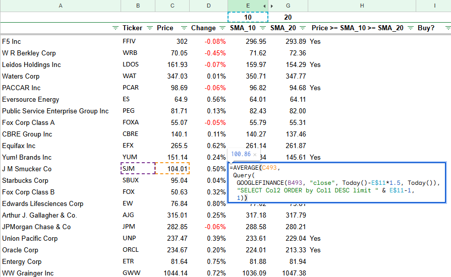 jamhre's tweet image. Note to self: you can do so much in #Excel (or #googlesheets ). The formula below computes the 10 and 20 day simple moving average for a stock. It downloads data for 2 weeks (or 4 weeks) to account for weekends, then takes the top 9 (or 19) and uses today&apos;s value to calc the MA.…