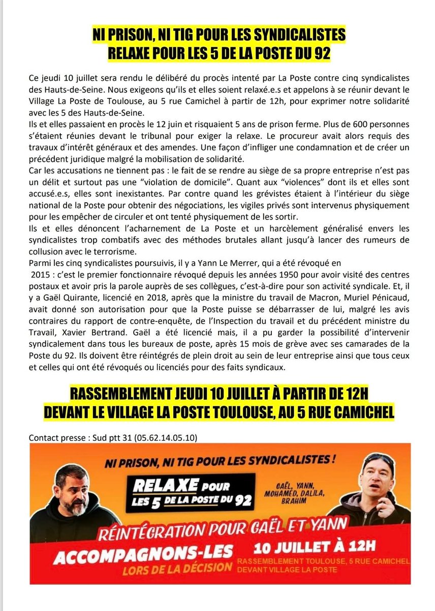 SecoursRougeT's tweet image. 📣 Jeudi 10 juillet à Toulouse dès 12H devant le village La Poste au 5 rue Camichel, rassemblement de soutien aux syndicalistes de Sud PTT 92 en procès pour leur participation à une grève.