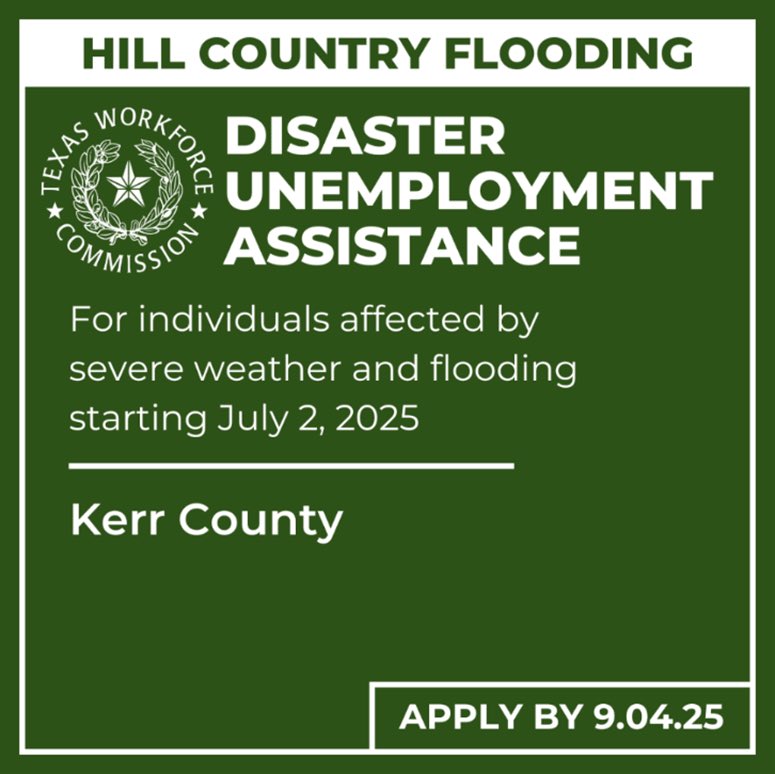 Texas continues our search &amp; rescue and recovery operations.

We’re also working to help impacted Texans move forward.

Workers &amp; self-employed in Kerr County are now eligible to apply for Disaster Unemployment Assistance.

More info on how to apply:  bit.ly/3IisP9O