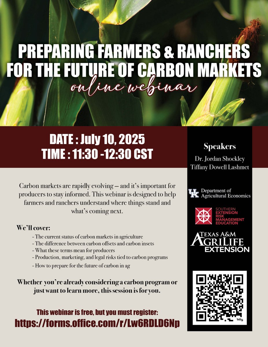 TiffDowell's tweet image. Last chance to register! Our free webinar, Preparing Farmers and Ranchers for the Future of Carbon Markets, is tomorrow. Learn how to navigate this evolving space. Sign up now: forms.office.com/r/wSTT2q47Fi