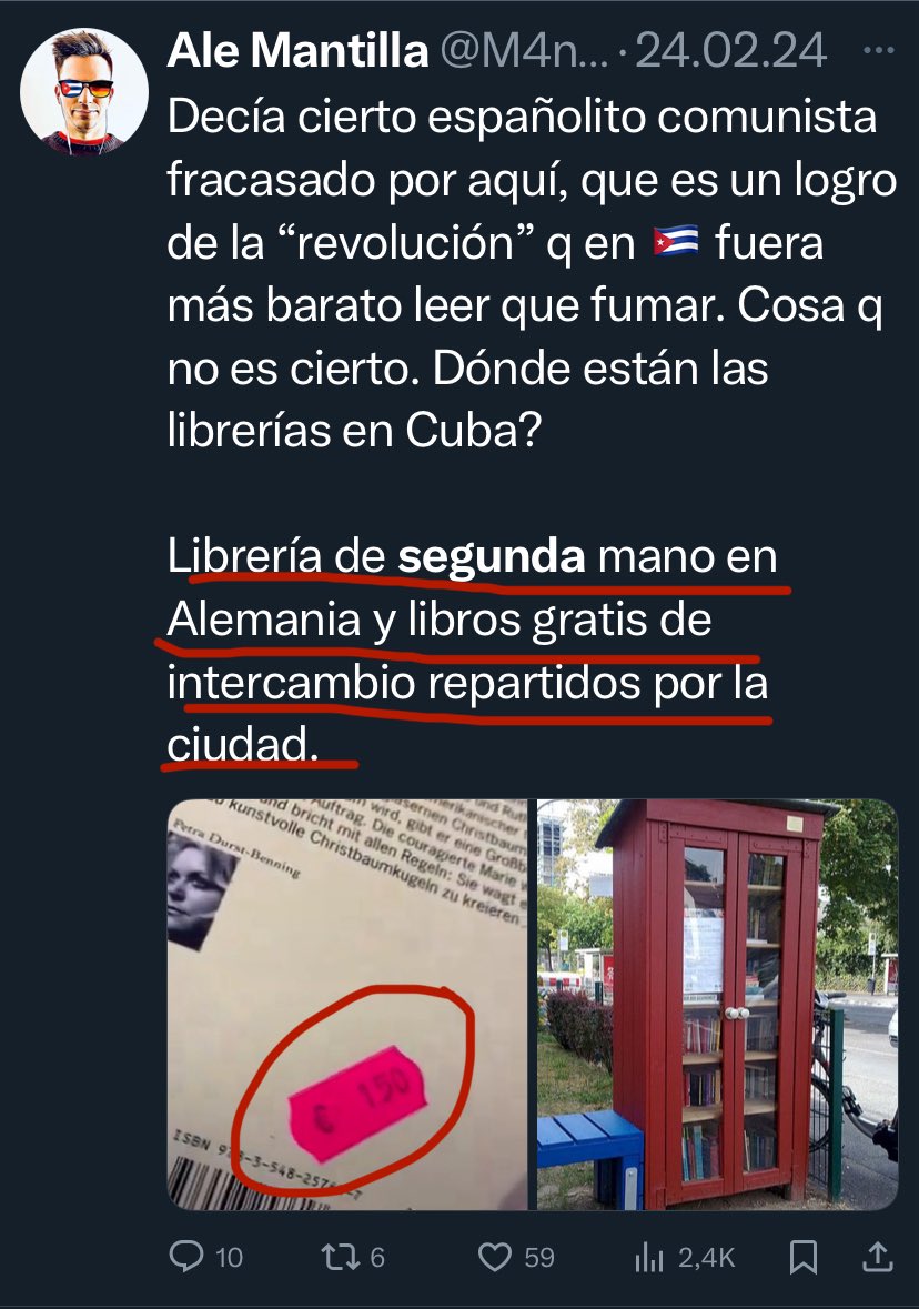 En cualquier país normal hay libros de segunda mano por menos de un euro. En Alemania hay en todas las ciudades libros gratis. No, asere. Pagar 1 dólar en Cuba para comprar libros es para muchos un lujo. Maravilloso ni maravilloso, comepinga. <a href="/ElNecio_Cuba/">El Necio</a> 🤡