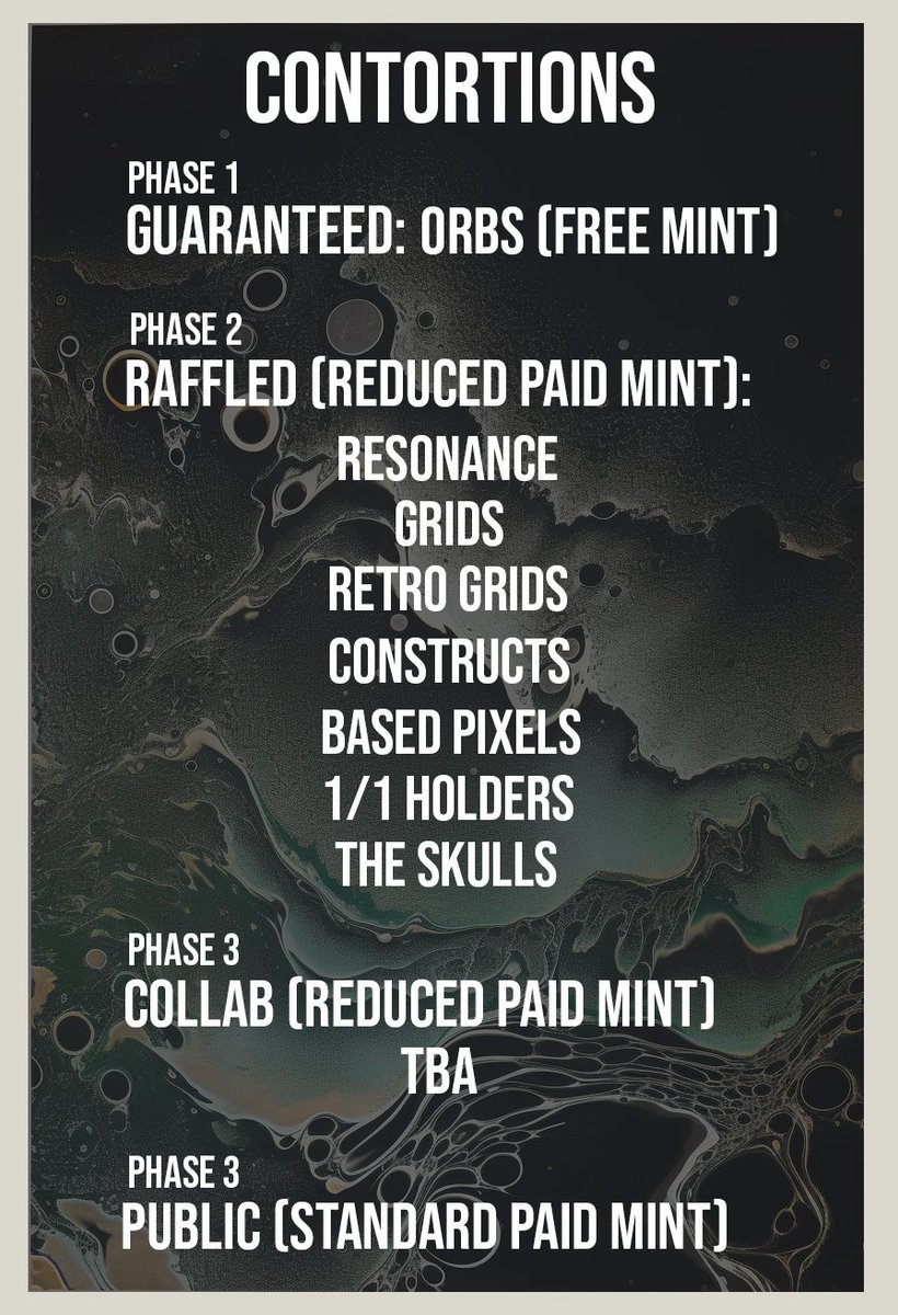 Final warning for those who have the collections listed below, or want to buy and join my community, I will be starting the raffles for CONTORTIONS very soon.

Link to discord: discord.gg/rebyBJpAra
