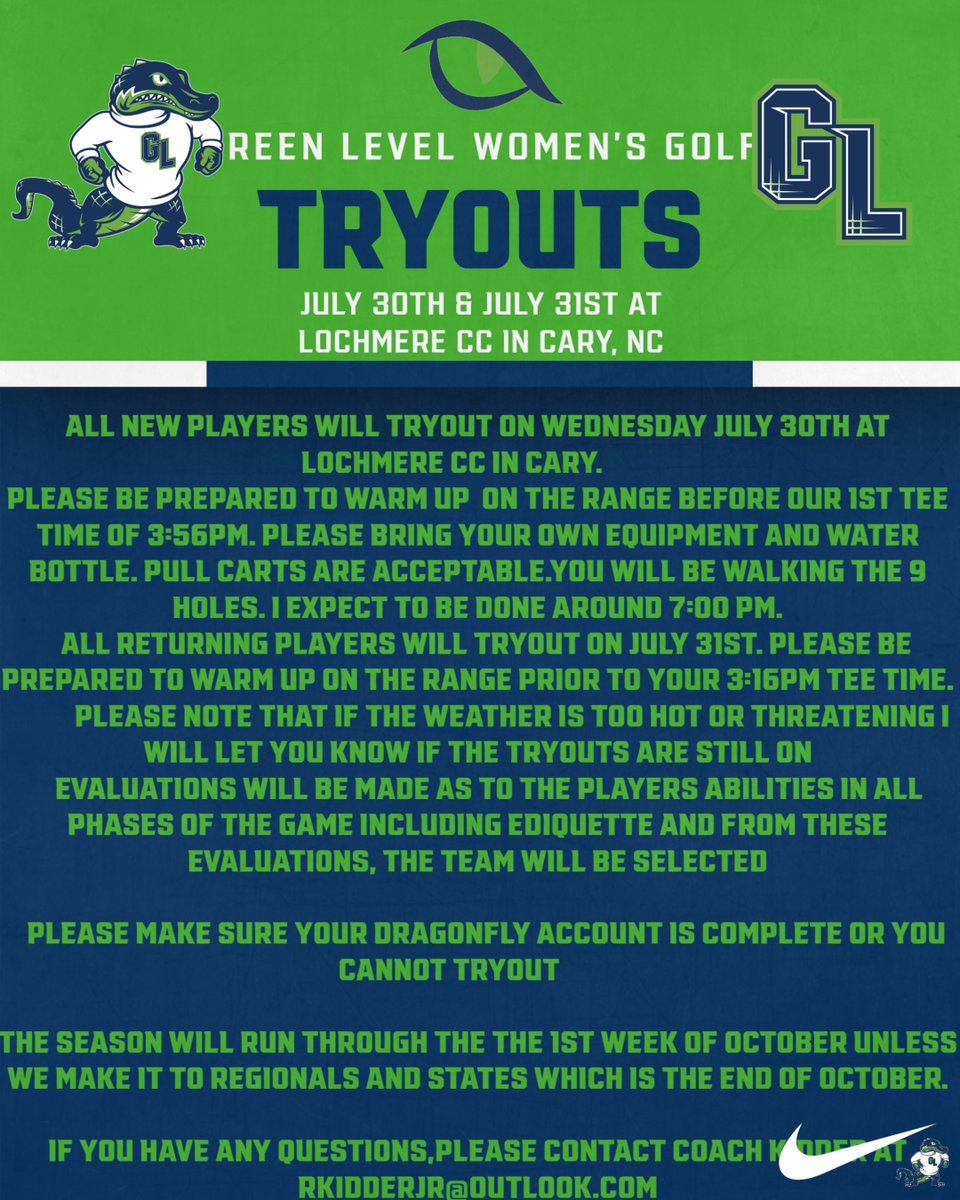 2025 GL Women's Golf Team Tryouts will be held at Lochmere GC at 2511 Kildaire Farm Rd, Cary, NC 27518 on July 30th for New Players and July 31st for Returning Players. Please see the Information below for details. Looking forward to seeing everyone at Lochmere.