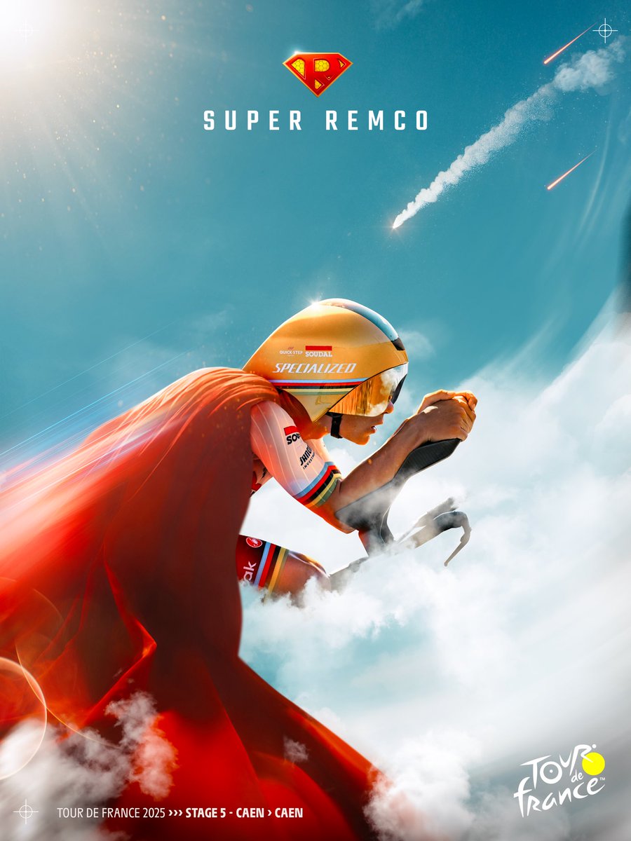 LeTour's tweet photo. ☄️ It’s a bird… it’s a plane… it’s super Remco! 

☄️ C’est un oiseau… c’est un avion… c’est Super Remco ! 

#TDF2025 

🎨 A.S.O. / @maximelth https://t.co/lEbpisDwSP