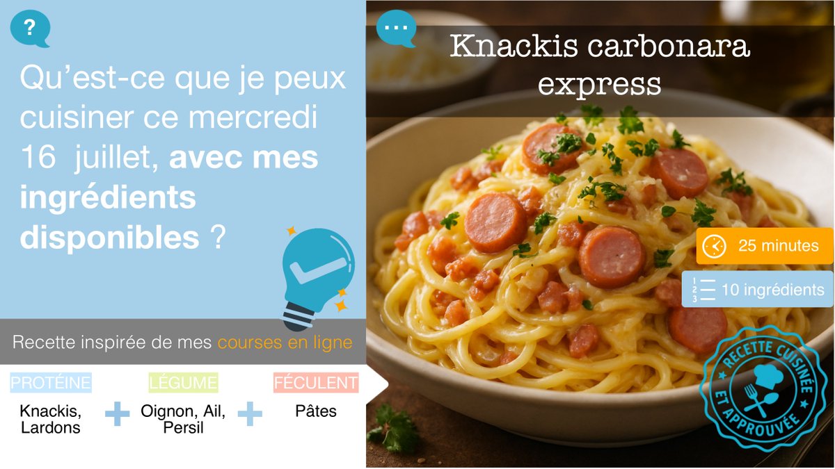 ChercherRecette's tweet photo. Knackis carbonara express

Réalisable en  25 mn
Avec 10 ingrédients : Knackis|Lardons|Oignon|Ail|Pâtes|Crème fraîche|Emmental râpé|Huile d'olive|Sel|Poivre|Persil

#recette #cuisine #KnackisCarbonara #RecetteExpress #CuisineFacile #Pâtes #RepasRapide https://t.co/pIUO4a3QxW