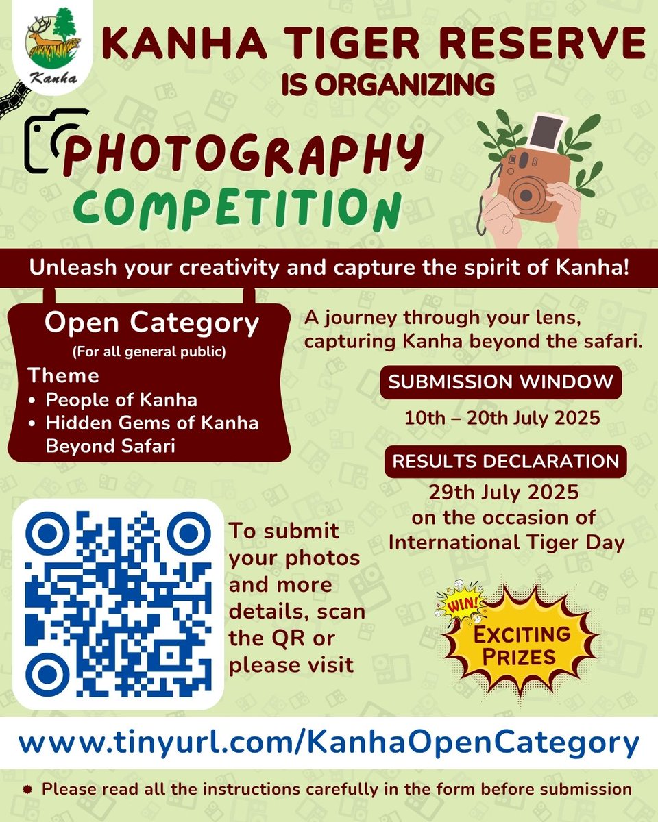 TrKanha's tweet image. Calling All Wildlife Photographers!!
Think your lens can capture the wild spirit of Kanha?
Kanha Tiger Reserve invites entries for its Open Category Photography Competition, starting 10th July and closing on 20th July.
The best entries will be celebrated (result declaration)…