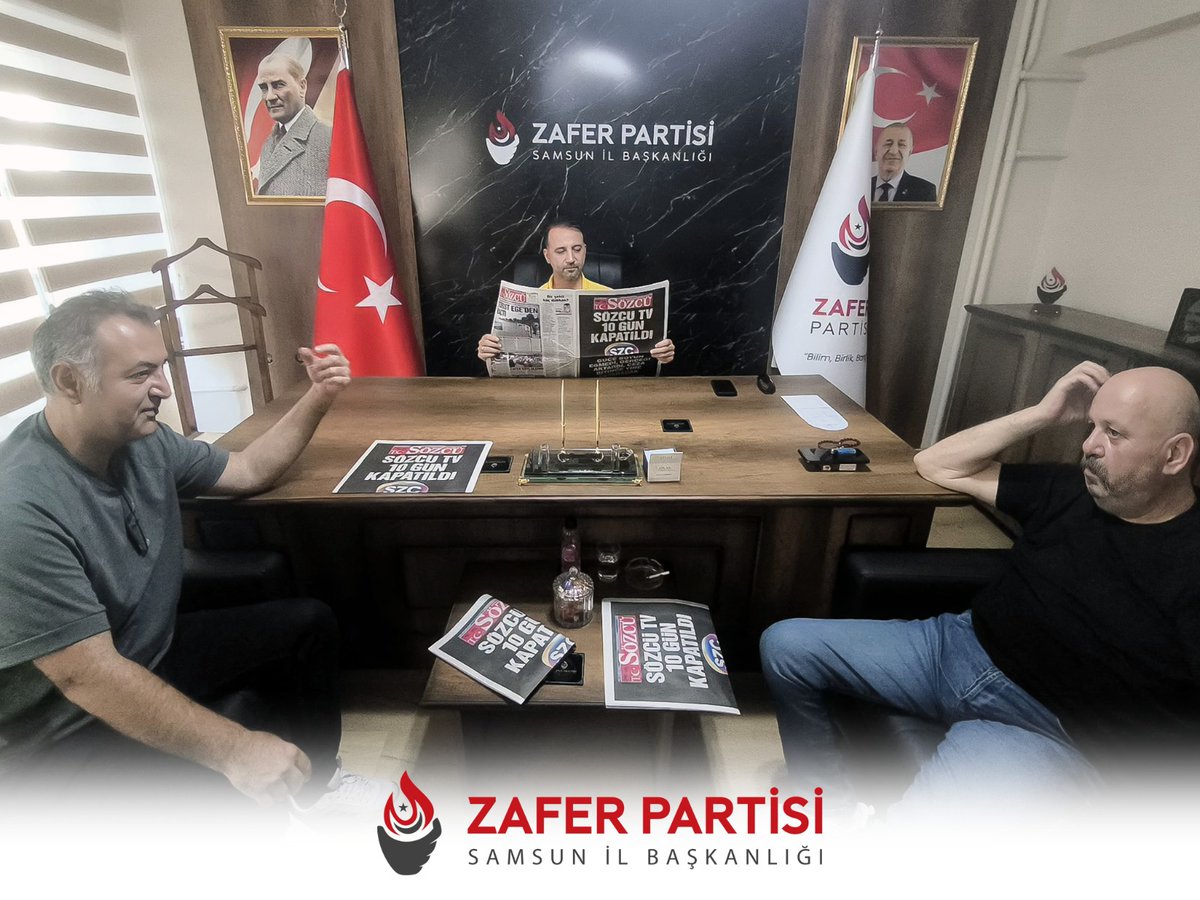 Zafer Partisi Samsun İl Başkanlığı (@samsunzaferp) on Twitter photo Sayın Genel Başkanımız <a href="/umitozdag/">Ümit Özdağ</a> 'ın önderliğinde, <a href="/szctelevizyonu/">SÖZCÜ Televizyonu</a> karartılıp Tük Milletinin haber alma hakkının gaspedilmesini kınıyor ve <a href="/gazetesozcu/">Sözcü</a> desteklemeye devam ediyoruz.
<a href="/AlperenCarus/">Av. Alperen Carus</a>
<a href="/ErtuganMusa/">MUSA ERTUGAN</a>
<a href="/zaferpartisi/">Zafer Partisi</a>
<a href="/ipekkozbey/">İpek Özbey</a> Sayın Genel Başkanımız <a href="/umitozdag/">Ümit Özdağ</a> 'ın önderliğinde, <a href="/szctelevizyonu/">SÖZCÜ Televizyonu</a> karartılıp Tük Milletinin haber alma hakkının gaspedilmesini kınıyor ve <a href="/gazetesozcu/">Sözcü</a> desteklemeye devam ediyoruz.
<a href="/AlperenCarus/">Av. Alperen Carus</a>
<a href="/ErtuganMusa/">MUSA ERTUGAN</a>
<a href="/zaferpartisi/">Zafer Partisi</a>
<a href="/ipekkozbey/">İpek Özbey</a>