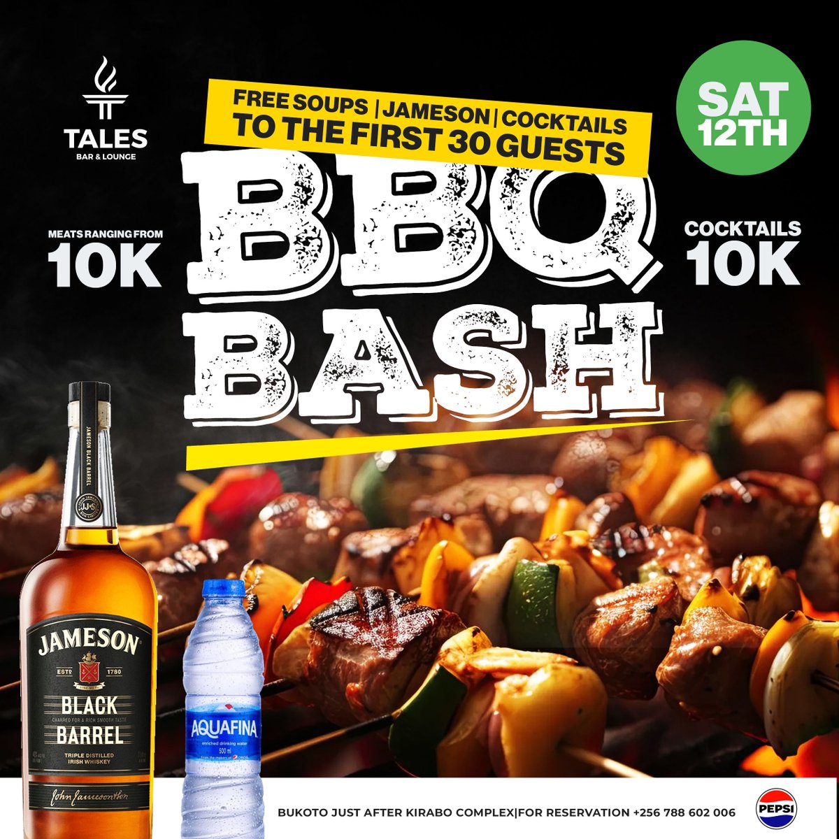 Bring your appetite and your crew this Saturday from 12PM 🍗
Free soup for everyone 🍲

This one’s for the foodies, the fam, and the friends who never say no to nyama 🐐

📲 Book now and bring the whole gang: wa.me/256700564679
#BBQBash #NyamaVibes #TalesWeekendEdition