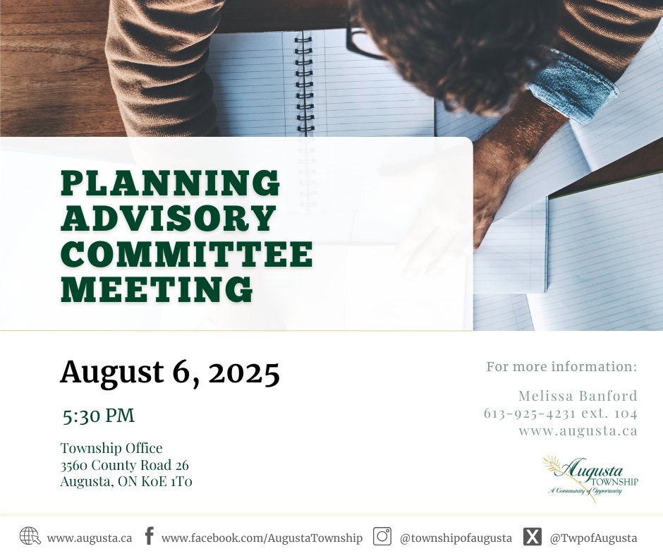 Join us August 6th at 5:30 PM for the Planning Advisory Committee Meeting! 📍 Township Office, 3560 County Rd 26, Augusta, ON K0E 1T0. Agenda: augusta.ca/townsh.../coun…. Info: Melissa Banford 613-925-4231 ext. 104.