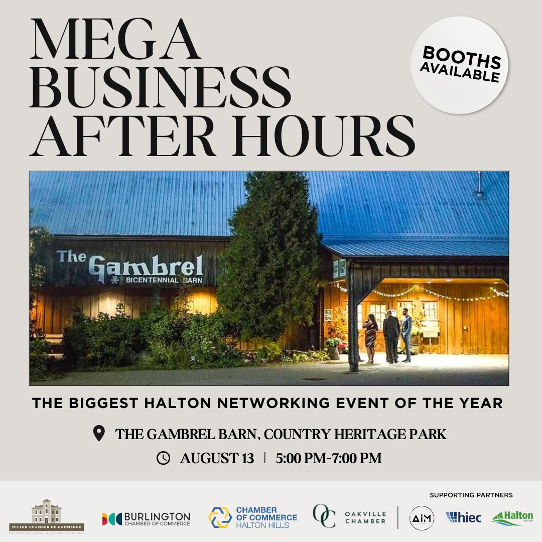 Halton Hills Chamber of Commerce (@hhcoc) on Twitter photo 📢 Registration is now open for MEGA Business After Hours! Join members from <a href="/MiltonChamber/">Milton Chamber</a>, @oakvillechamber, @BurlingtonCoC & @HaltonHillsCofC for a evening of networking.
📅 Aug 13 | 5–7 PM | Country Heritage Park
🎟️ Booths $250 – Limited spots!
🔗 bit.ly/3ZYvewr 📢 Registration is now open for MEGA Business After Hours! Join members from <a href="/MiltonChamber/">Milton Chamber</a>, @oakvillechamber, @BurlingtonCoC & @HaltonHillsCofC for a evening of networking.
📅 Aug 13 | 5–7 PM | Country Heritage Park
🎟️ Booths $250 – Limited spots!
🔗 bit.ly/3ZYvewr