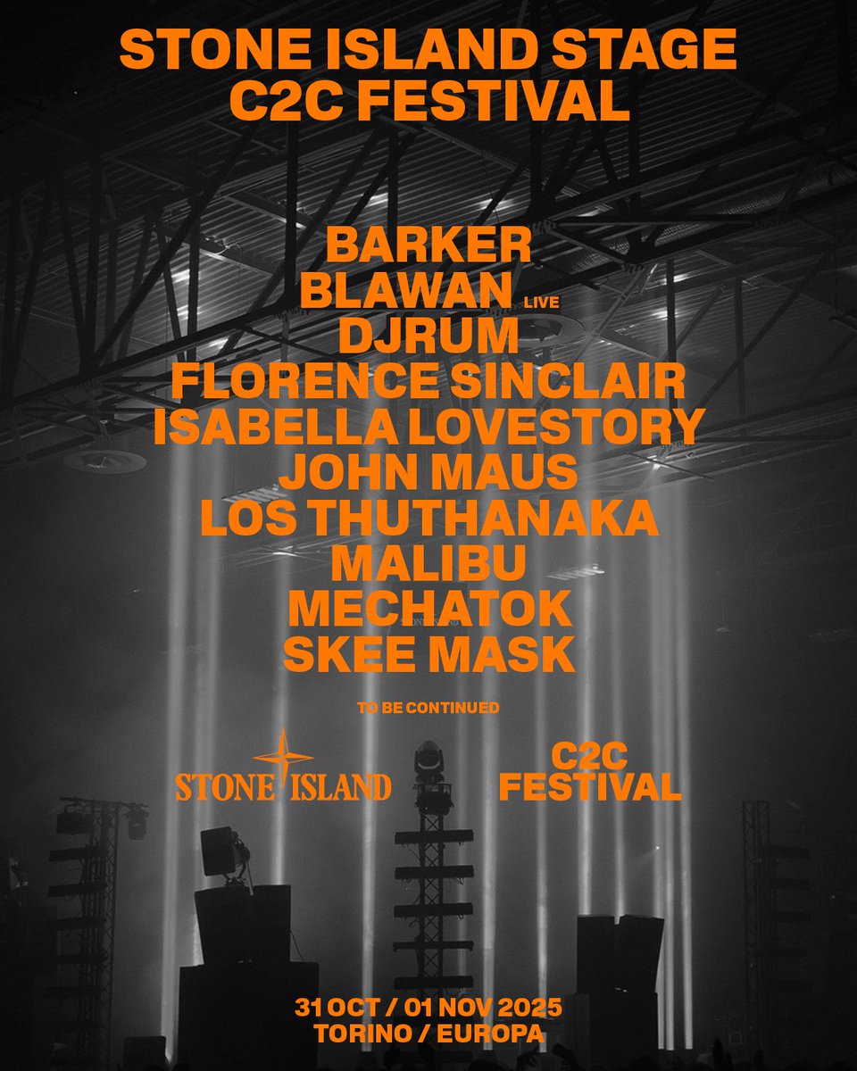 STONE ISLAND STAGE | C2C FESTIVAL
 
Stone Island returns to the C2C Festival in Turin, October 31st and November 1st.

Tickets at the link in bio.

#C2CFestival #StoneIslandStage #StoneIslandSound #SoundAsAFormOfResearch