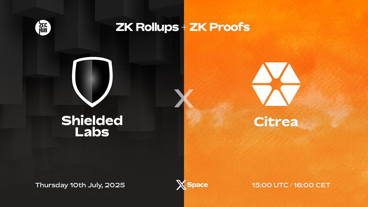Set a reminder for our discussion with <a href="/ShieldedLabs/">Shielded Labs</a> + <a href="/citrea_xyz/">Citrea</a> !

🍊ZK Proofs on Zcash
🍊ZK Rollups on Bitcoin
🍊Blockchain Scalability

📅 Thursday, 16:00 CEST
