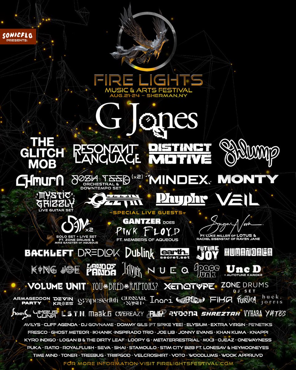 4-PACK GIVEAWAY — Fire Lights is bringing G Jones, The Glitch Mob, Distinct Motive + more to Sherman, NY this August. 

Enter now for your chance to win tickets &amp; camping for you + three friends.🦉👉 bit.ly/4eEtmz3