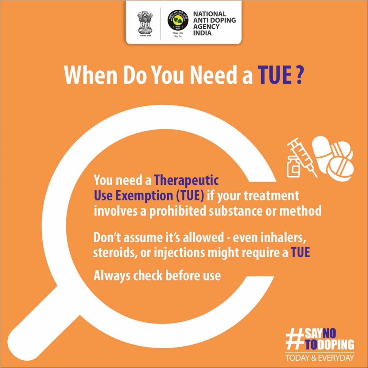 Be Aware. Don’t Assume. Check First.
Even if a medication is prescribed by your doctor, it may contain a prohibited substance or method.
You must apply for a Therapeutic Use Exemption (TUE) before using it — whether in or out of competition.

Don’t risk your career.
Check your
