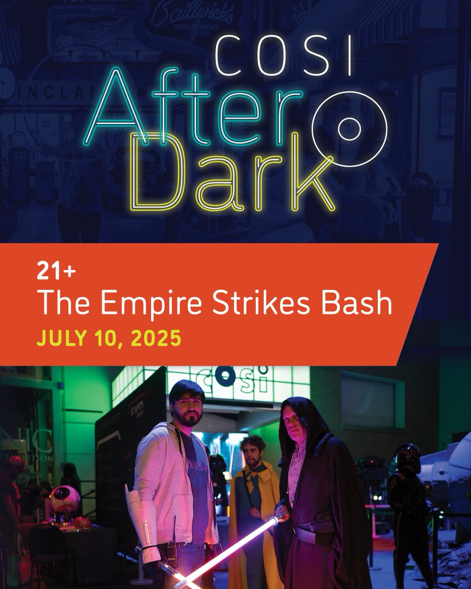This Thursday, in a museum not so far, far away... ⤵️

🌌 out-of-this-world science
🥂 space-themed drinks &amp; dining
🤖 step into this classic franchise with the largest Star Wars fan collection!

Empire Strikes Bash 💫  cosi.org/afterdark
Thursday, July 10 • doors at 6:30pm