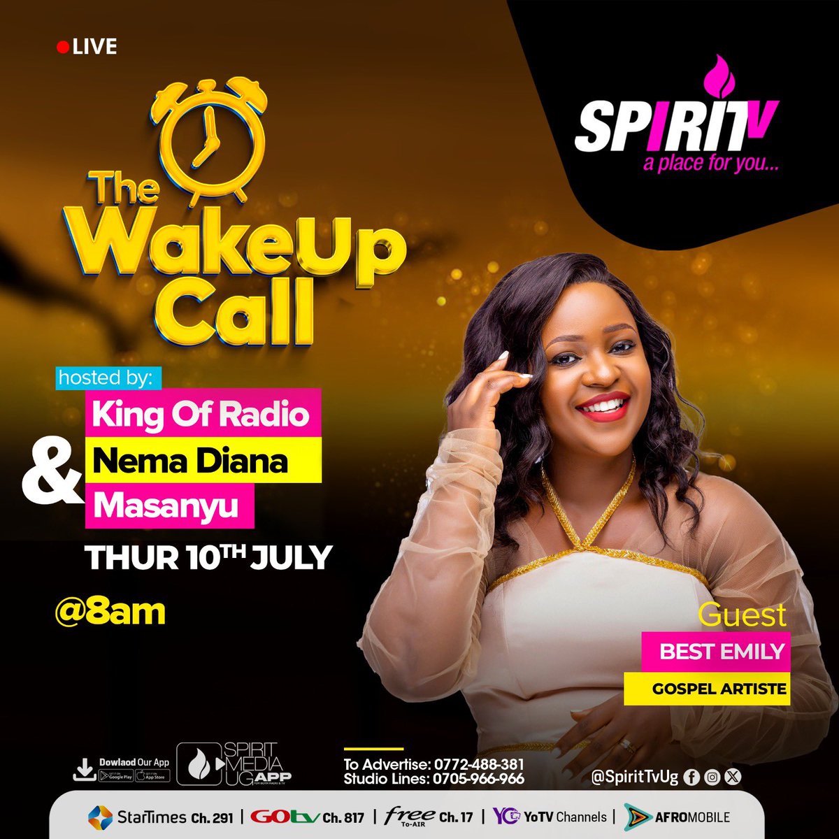 spirittvug's tweet image. Catch live @BestEmily5 on both @spirittvug and @Spiritfm966 at exactly 8am tomorrow with @KingOfRadioUg , @SimonKato4 and @NemaDiana as we get to know more about her upcoming concert at Serena Hotel this Sunday 13th July 2025.