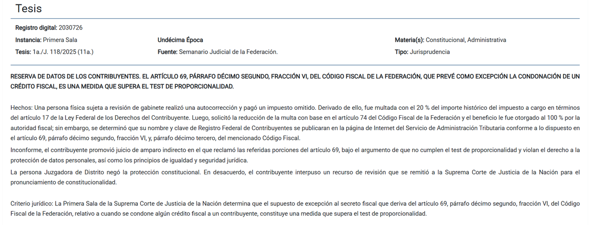 CrvFabiola's tweet photo. La SCJN determinó que la publicación de los datos personales de los contribuyentes que gozaron de la condonación de un crédito fiscal, es una medida constitucional al superar el test de proporcionalidad al priorizar la transparencia y el acceso a la información pública. https://t.co/MdcxNuW1YJ