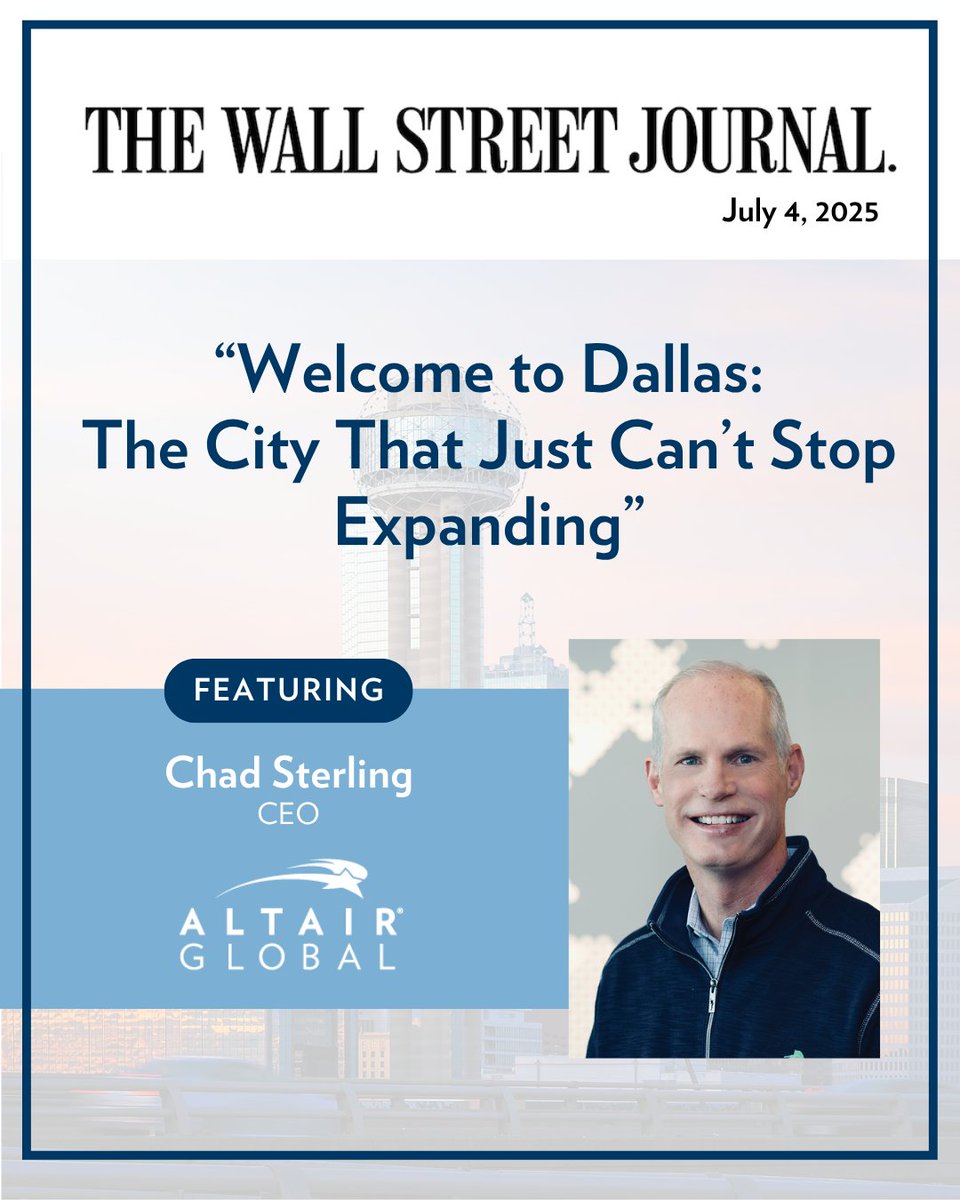 Altair Global (@altairglobal) on Twitter photo The stars aligned deep in the heart of Texas. ⭐
Chad Sterling, CEO, is featured in <a href="/WSJ/">The Wall Street Journal</a> article, “Welcome to Dallas: The City That Just Can’t Stop Expanding,” spotlighting <a href="/CityOfFriscoTx/">City of Frisco,Texas</a>, our home in the Lone Star State.
bit.ly/3TrfiiB
#Dallas #Mobility #Relocation The stars aligned deep in the heart of Texas. ⭐
Chad Sterling, CEO, is featured in <a href="/WSJ/">The Wall Street Journal</a> article, “Welcome to Dallas: The City That Just Can’t Stop Expanding,” spotlighting <a href="/CityOfFriscoTx/">City of Frisco,Texas</a>, our home in the Lone Star State.
bit.ly/3TrfiiB
#Dallas #Mobility #Relocation
