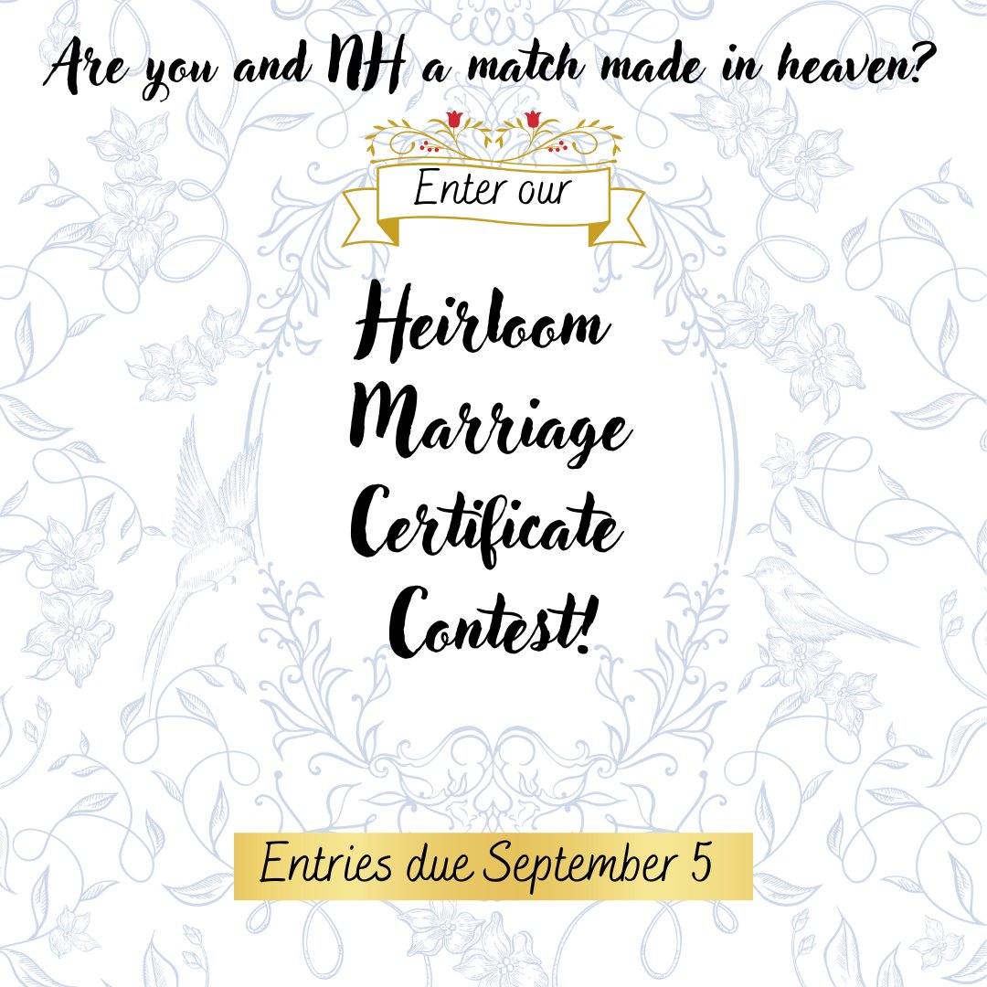 NHSecretary's tweet image. Attention New Hampshire artists! Our Heirloom Marriage Certificate Design Contest is open until September 5! The winning design will be issued across the state as the official heirloom marriage certificate.
Visit sos.nh.gov/heirloom-marri… to enter!